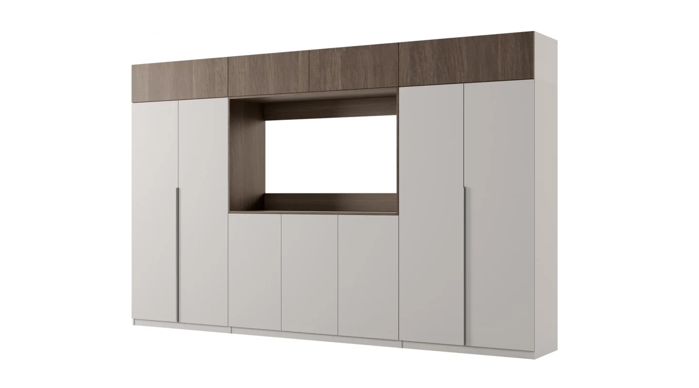 Stylowa meblościanka ze strefą RTV 385×240 cm Szary New York Dąb Dunin - ATRIUM Stylowa meblościanka ze strefą RTV 385×240 cm Szary New York Dąb Dunin - ATRIUM