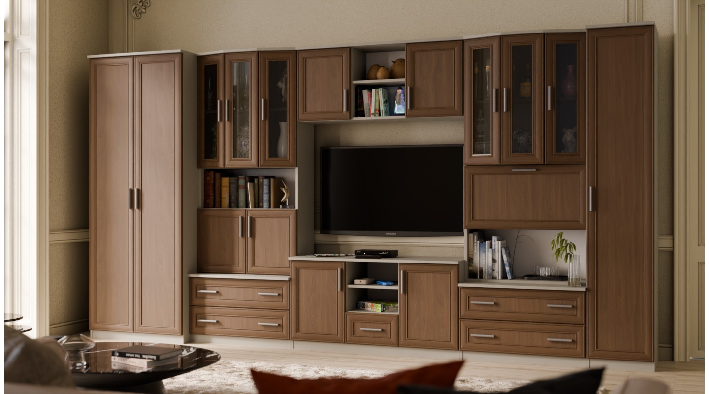 Meblościanka TV 400x210 cm z szafami Kaszmirowy Beż / Wiśnia Porto - Oxford Meblościanka TV 400x210 cm z szafami Kaszmirowy Beż / Wiśnia Porto - Oxford