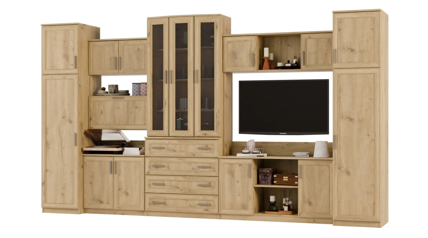 Meblościanka TV 400x225 cm z witryną Dąb Artisan - Cambridge