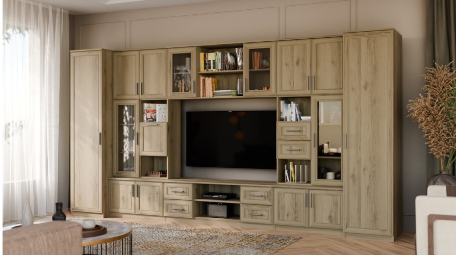 Meblościanka TV 400x210 cm z witrynami Dąb Grand Naturalny - Windsor