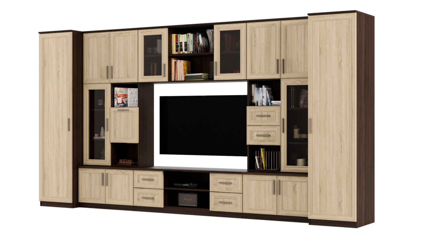 Meblościanka TV 400x210 cm z witrynami Sonoma Ciemna / Sonoma Jasna - Windsor
