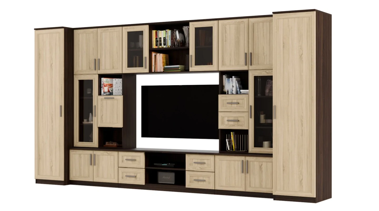 Meblościanka TV 400x210 cm z witrynami Sonoma Ciemna / Sonoma Jasna - Windsor Meblościanka TV 400x210 cm z witrynami Sonoma Ciemna / Sonoma Jasna - Windsor