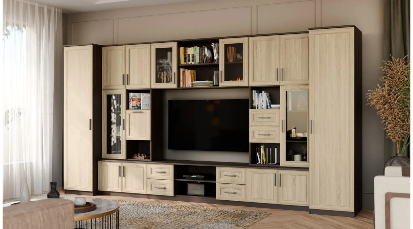 Meblościanka TV 400x210 cm z witrynami Sonoma Ciemna / Sonoma Jasna - Windsor