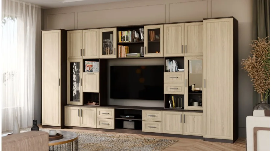 Meblościanka TV 400x210 cm z witrynami Sonoma Ciemna / Sonoma Jasna - Windsor