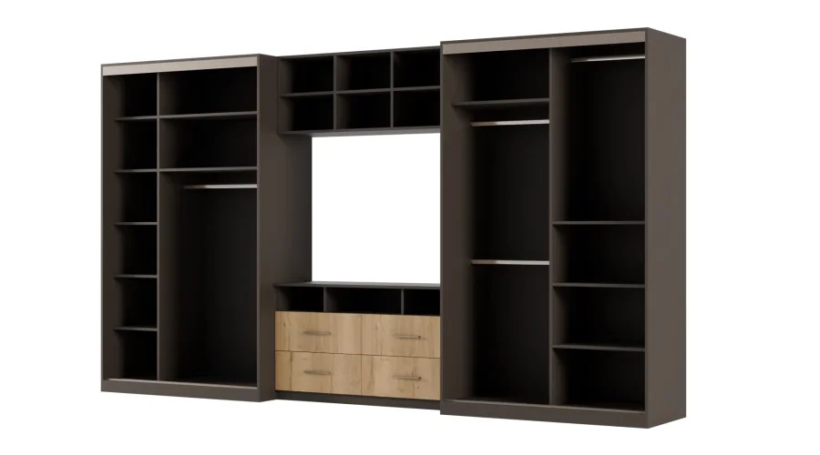 Meblościanka 390x220 cm z szafami przesuwnymi Szary Grafit / Dąb Halifax Naturalny - Axis