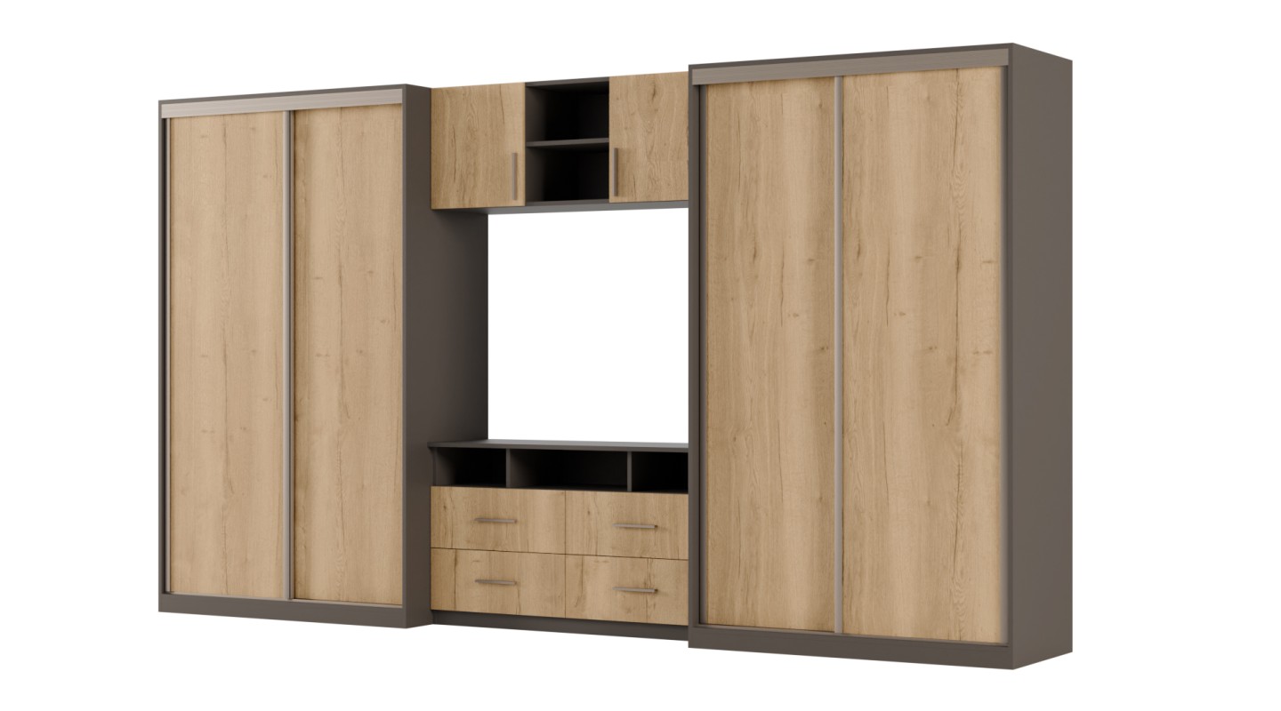 Meblościanka 390x220 cm z szafami przesuwnymi Szary Grafit / Dąb Halifax Naturalny - Axis