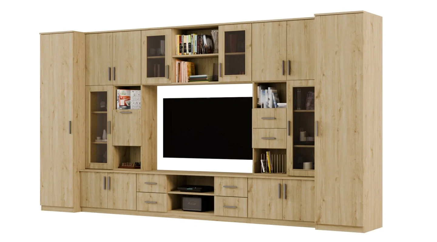 Meblościanka TV 400x210 cm z witrynami Dąb Carpenter Jasny - Windsor Meblościanka TV 400x210 cm z witrynami Dąb Carpenter Jasny - Windsor