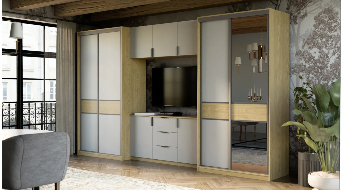 Meblościanka 400x235 cm z szafami przesuwnymi i lustrem Dąb Baltic Dune / Szary New York - Motion