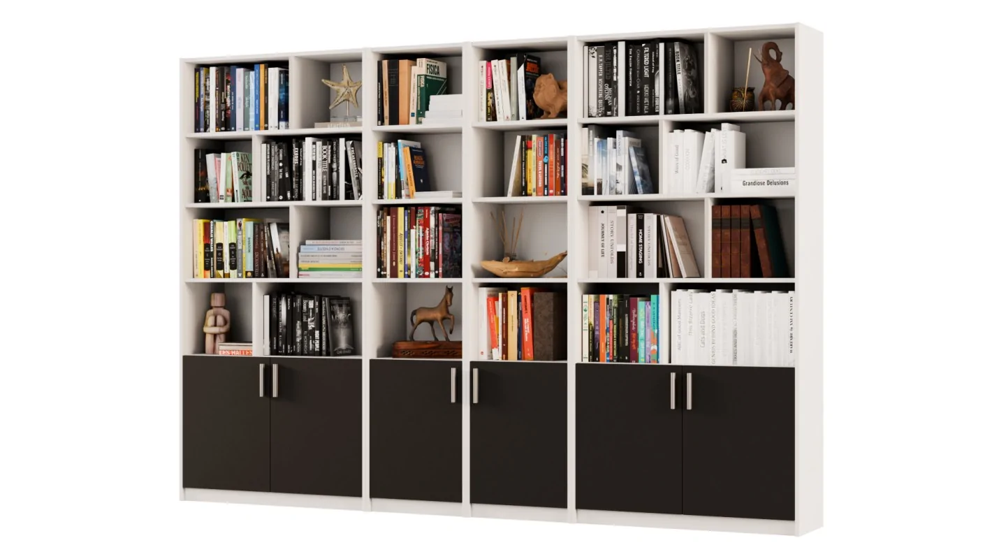Duży regał na książki 300x209 cm Biel Perłowa / Czarny Onyx – ATLAS | eMeblast