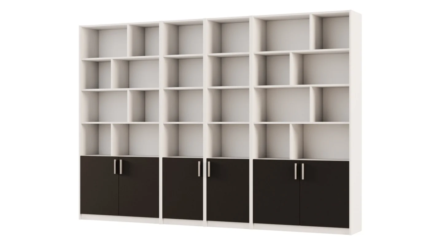 Duży regał na książki 300x209 cm Biel Perłowa / Czarny Onyx – ATLAS | eMeblast