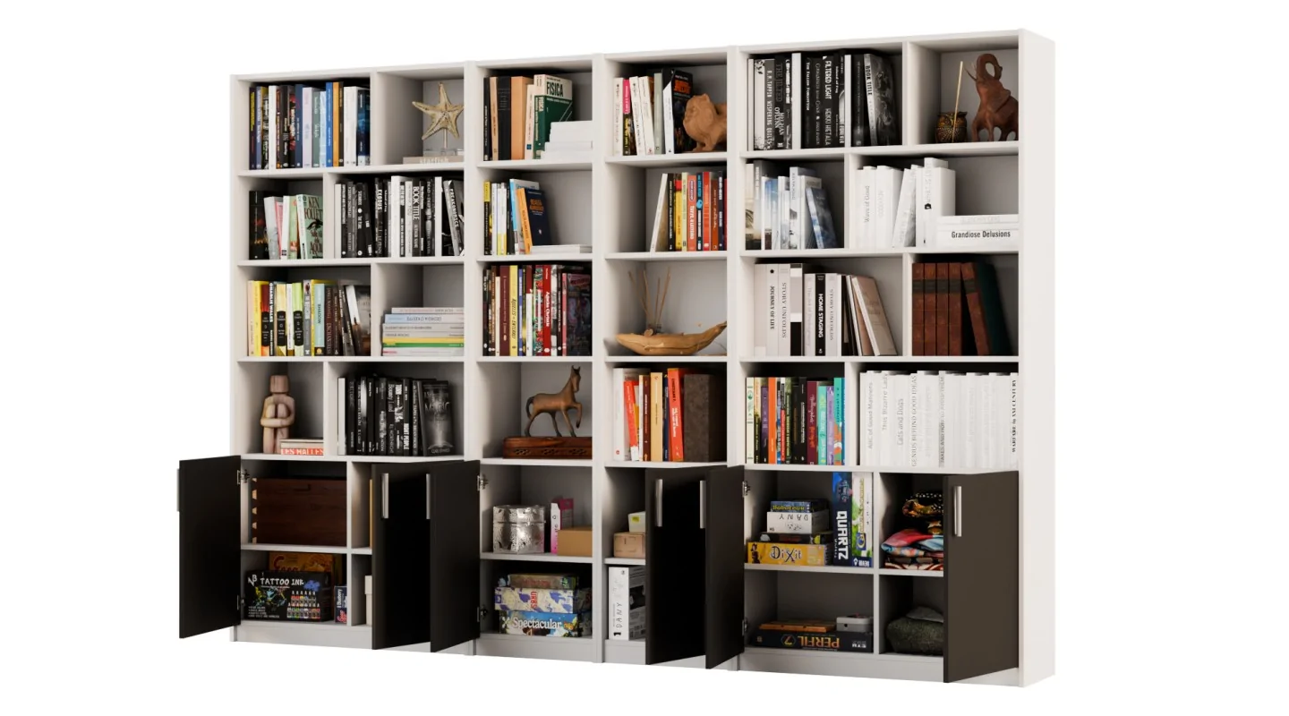 Duży regał na książki 300x209 cm Biel Perłowa / Czarny Onyx – ATLAS | eMeblast