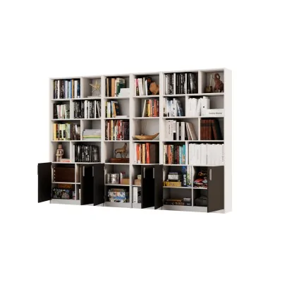 Duży regał na książki 300x209 cm Biel Perłowa / Czarny Onyx – ATLAS | eMeblast