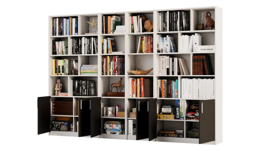 Duży regał na książki 300x209 cm Biel Perłowa / Czarny Onyx – ATLAS | eMeblast