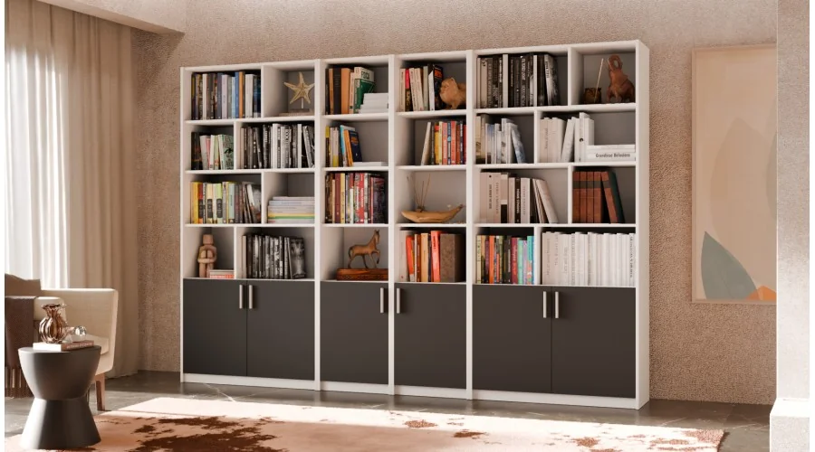 Duży regał na książki 300x209 cm Biel Perłowa / Czarny Onyx – ATLAS | eMeblast