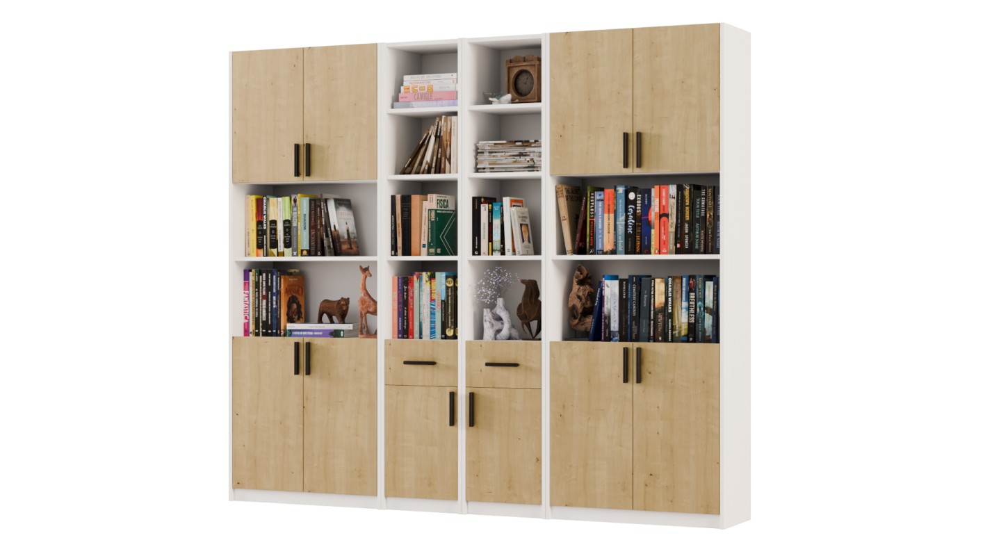 Regał z szafkami i szufladami 240x209 cm Biel / Dąb Hamilton – FORMA | eMeblast