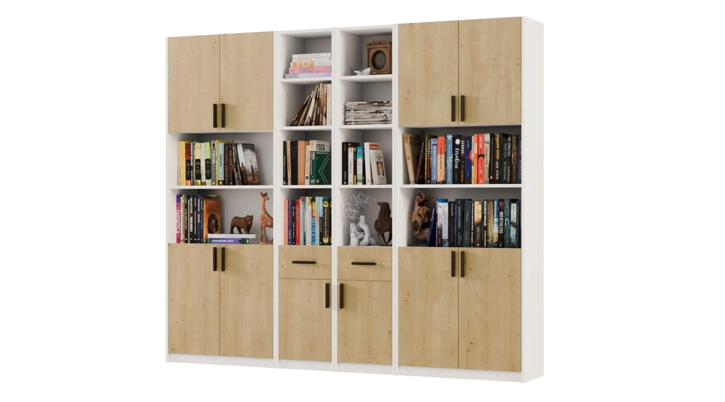 Regał z szafkami i szufladami 240x209 cm Biel / Dąb Hamilton – FORMA | eMeblast