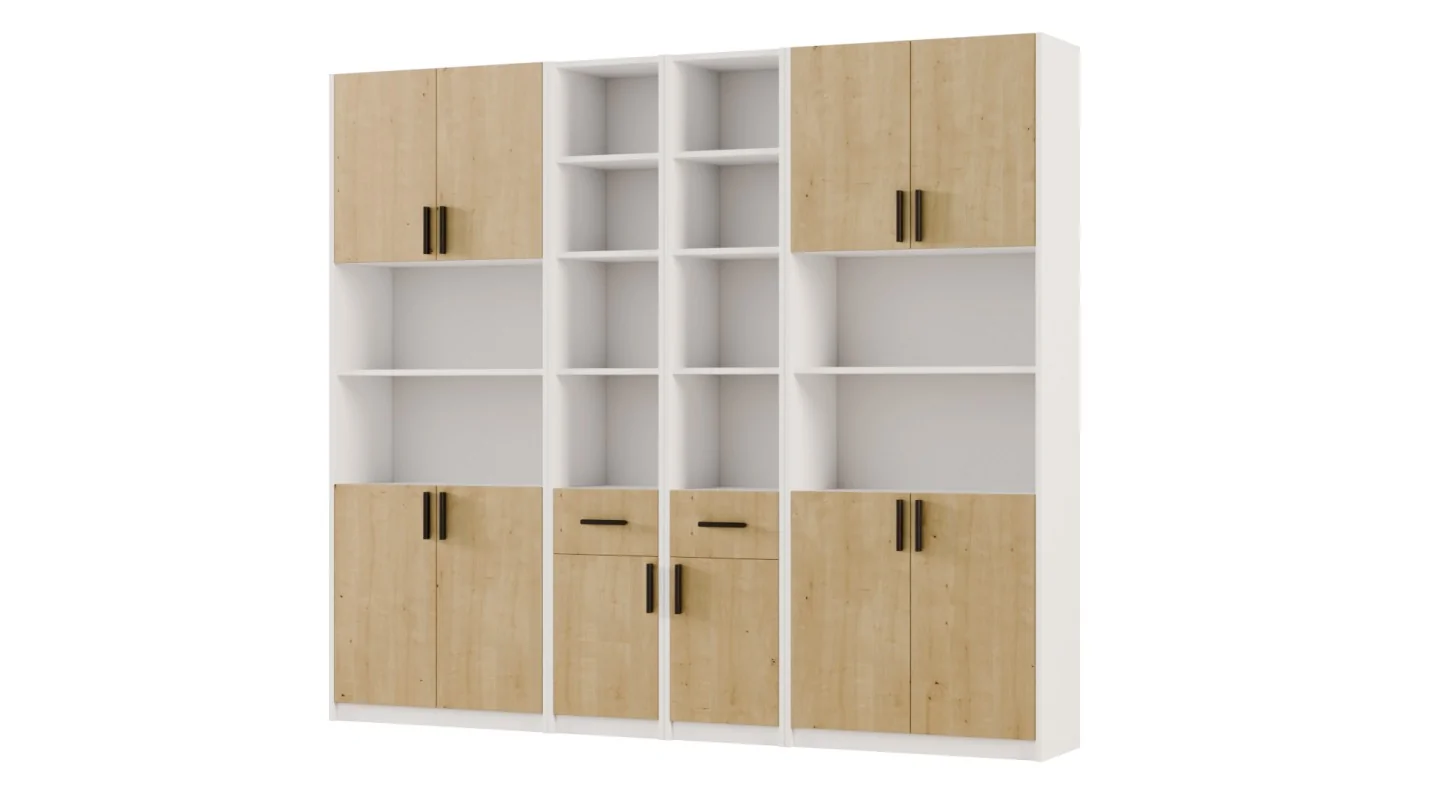 Regał z szafkami i szufladami 240x209 cm Biel / Dąb Hamilton – FORMA | eMeblast