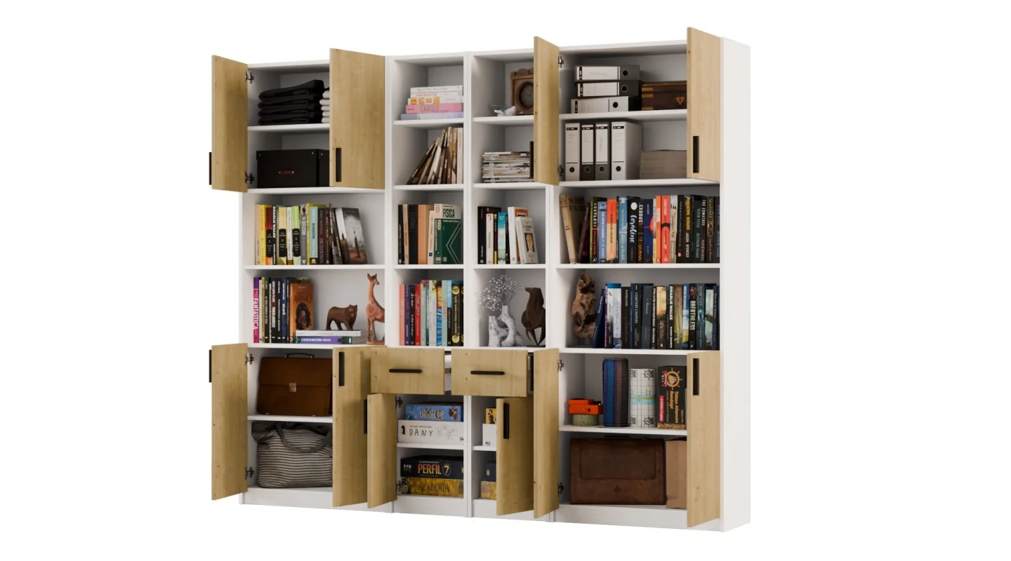 Regał z szafkami i szufladami 240x209 cm Biel / Dąb Hamilton – FORMA | eMeblast