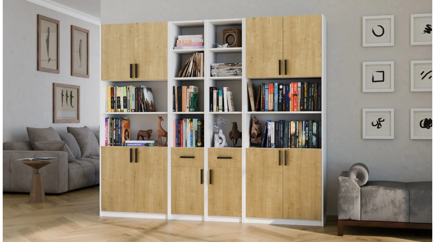 Regał z szafkami i szufladami 240x209 cm Biel / Dąb Hamilton – FORMA | eMeblast
