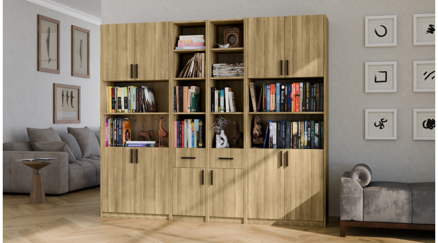 Regał z szafkami i szufladami 240x209 cm Dąb Amerykański – FORMA | eMeblast