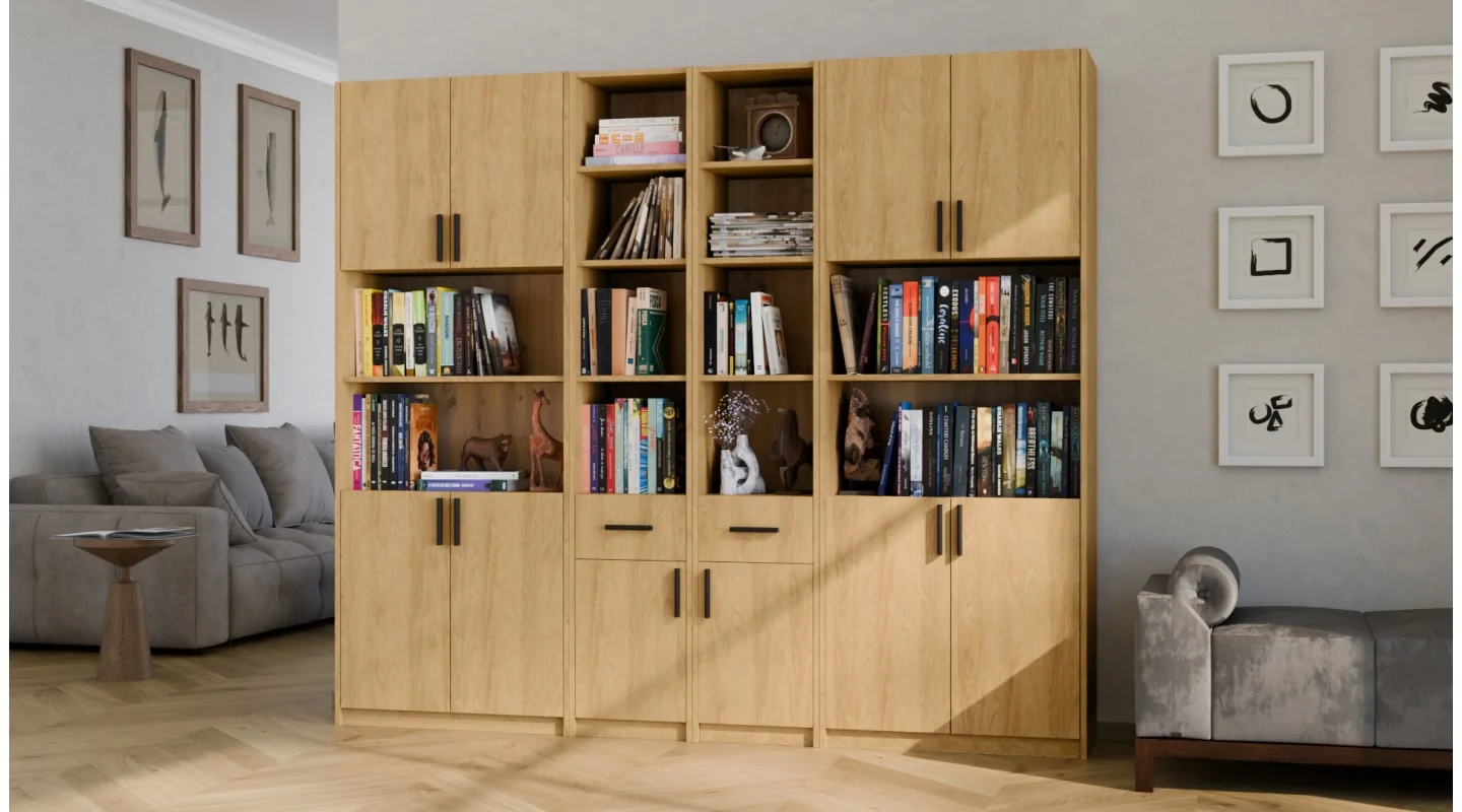 Regał z szafkami i szufladami 240x209 cm Dąb Hikora – FORMA | eMeblast