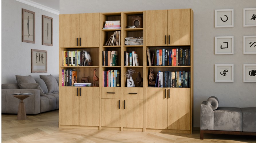 Regał z szafkami i szufladami 240x209 cm Dąb Hikora – FORMA | eMeblast