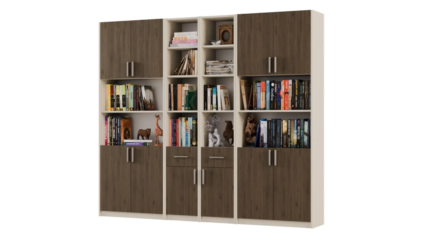 Regał z szafkami i szufladami 240x209 cm Piasek Pustyni / Orzech Elegant – FORMA | eMeblast
