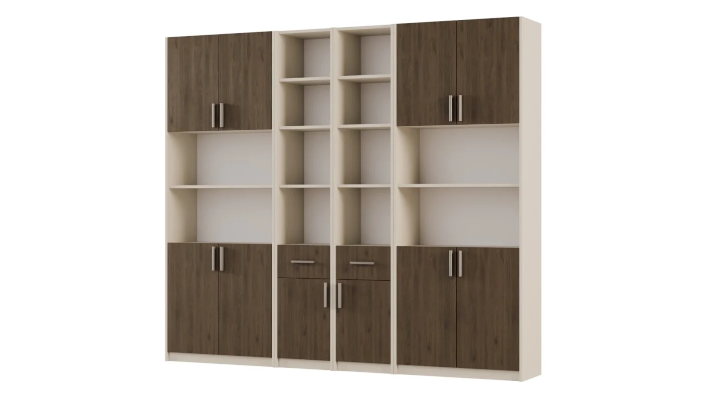Regał z szafkami i szufladami 240x209 cm Piasek Pustyni / Orzech Elegant – FORMA | eMeblast