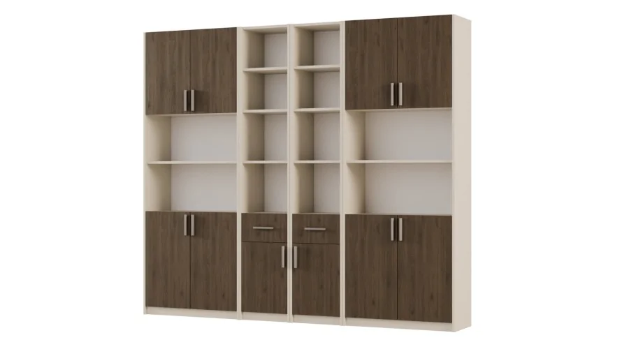 Regał z szafkami i szufladami 240x209 cm Piasek Pustyni / Orzech Elegant – FORMA | eMeblast