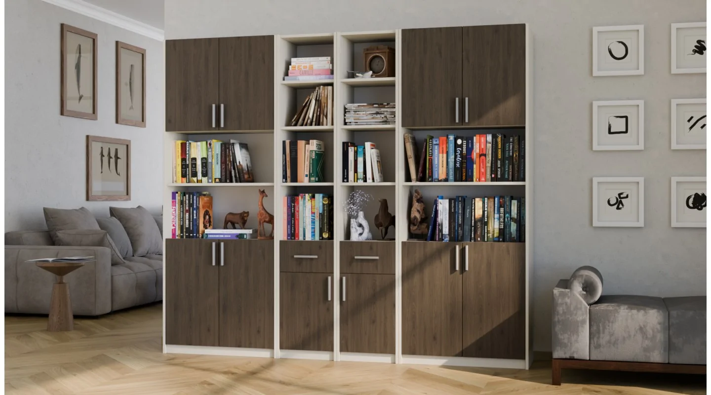 Regał z szafkami i szufladami 240x209 cm Piasek Pustyni / Orzech Elegant – FORMA | eMeblast
