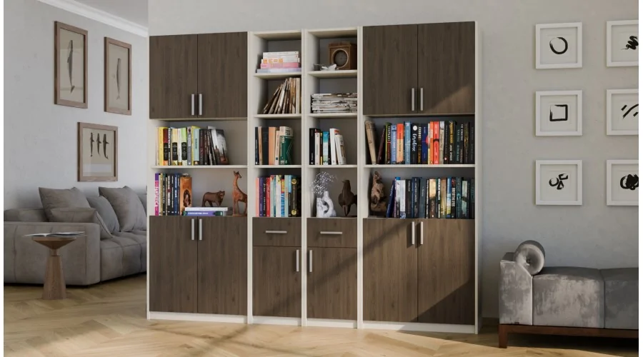Regał z szafkami i szufladami 240x209 cm Piasek Pustyni / Orzech Elegant – FORMA | eMeblast