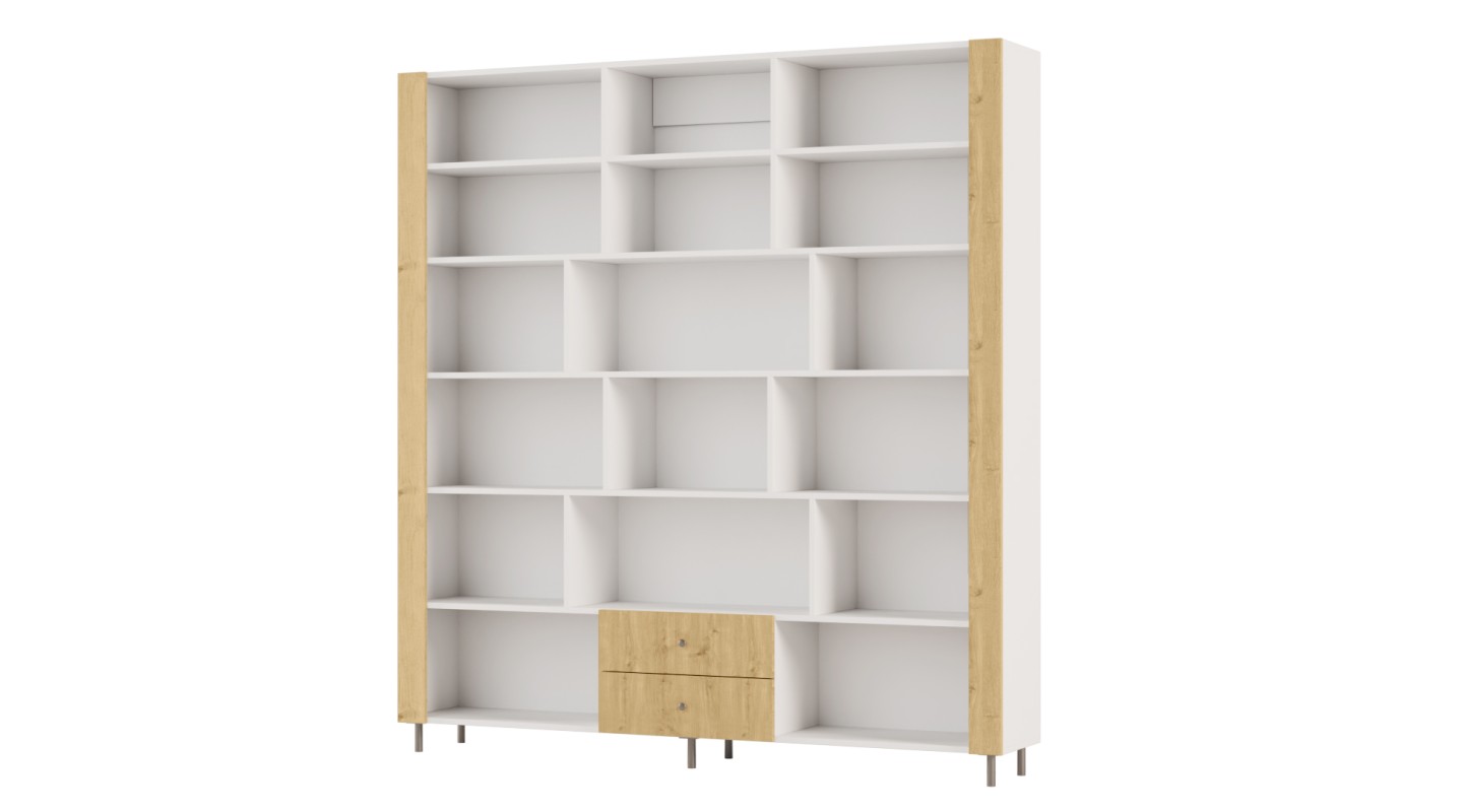 Regał na książki z szafką i szufladami 206x220 cm Biel / Dąb Carpenter Jasny – NOVA