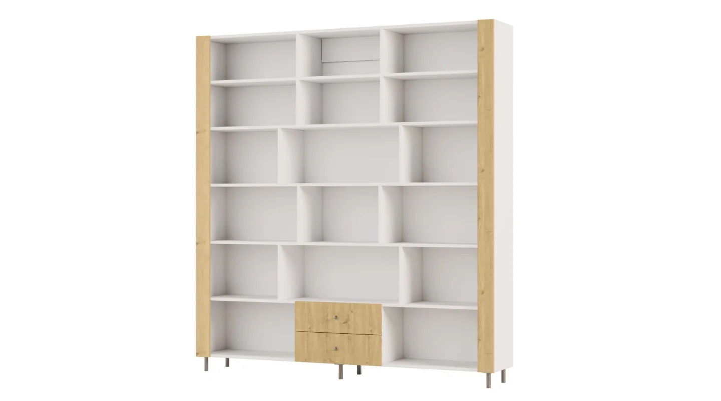 Regał na książki z szafką i szufladami 206x220 cm Biel / Dąb Carpenter Jasny – NOVA