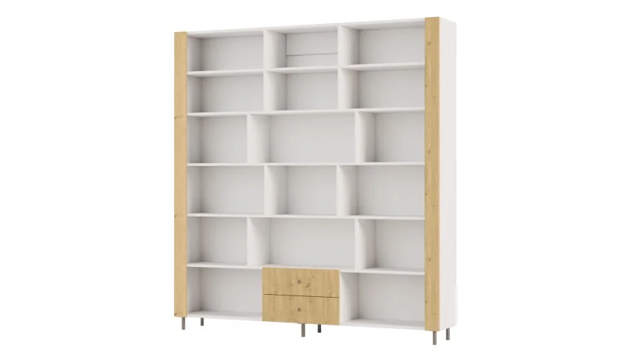 Regał na książki z szafką i szufladami 206x220 cm Biel / Dąb Carpenter Jasny – NOVA