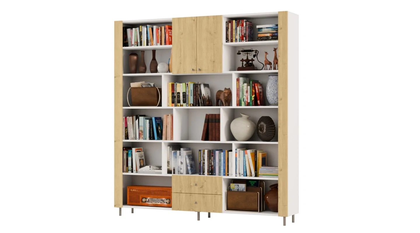 Regał na książki z szafką i szufladami 206x220 cm Biel / Dąb Carpenter Jasny – NOVA