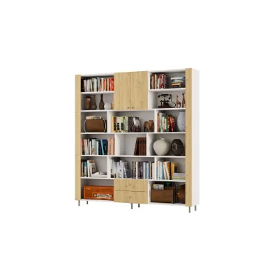 Regał na książki z szafką i szufladami 206x220 cm Biel / Dąb Carpenter Jasny – NOVA