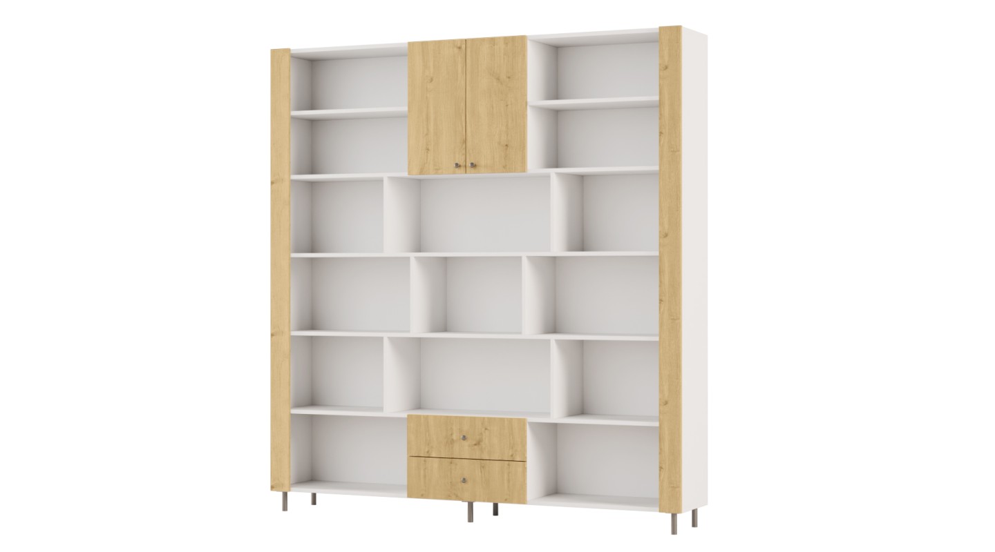 Regał na książki z szafką i szufladami 206x220 cm Biel / Dąb Carpenter Jasny – NOVA