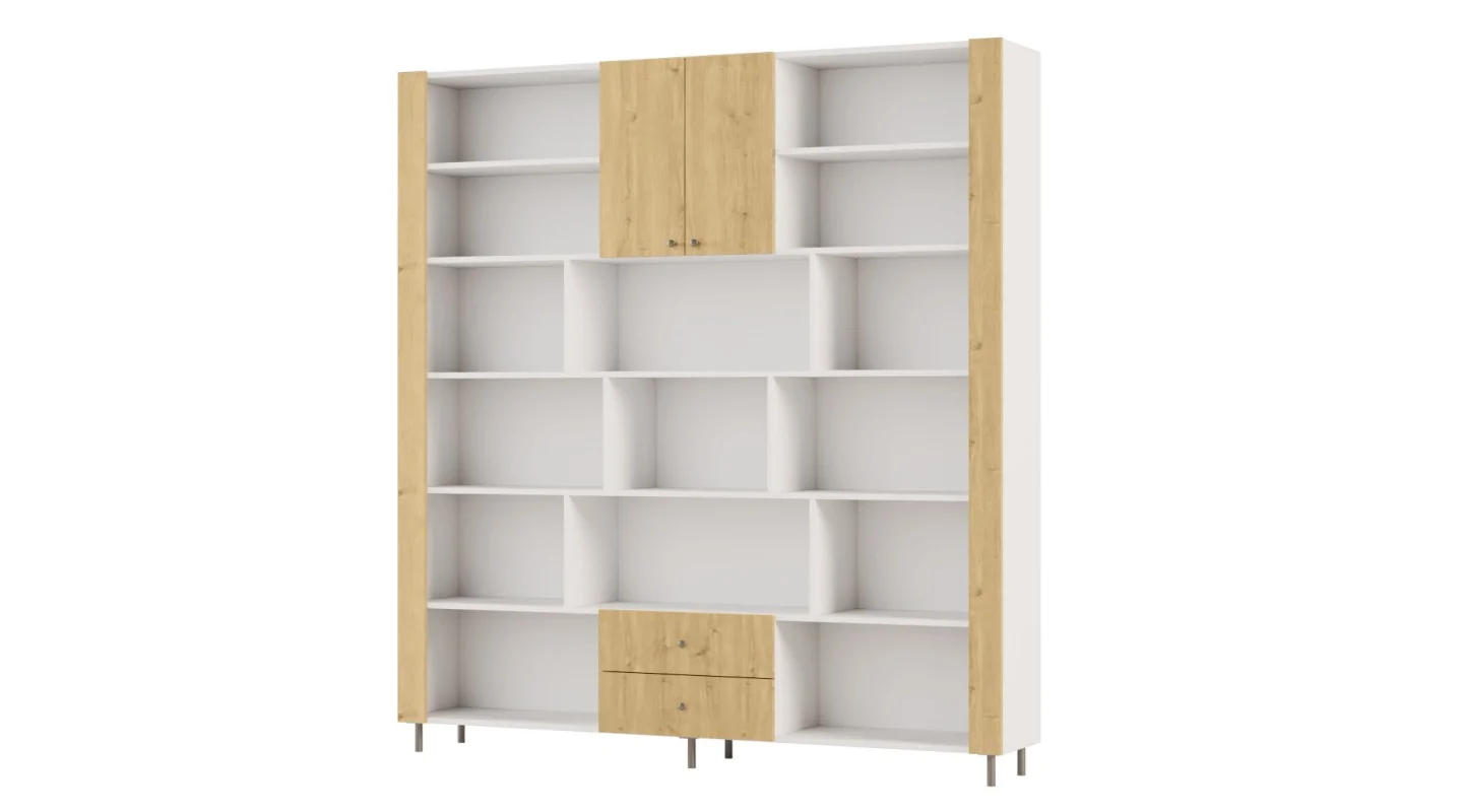 Regał na książki z szafką i szufladami 206x220 cm Biel / Dąb Carpenter Jasny – NOVA