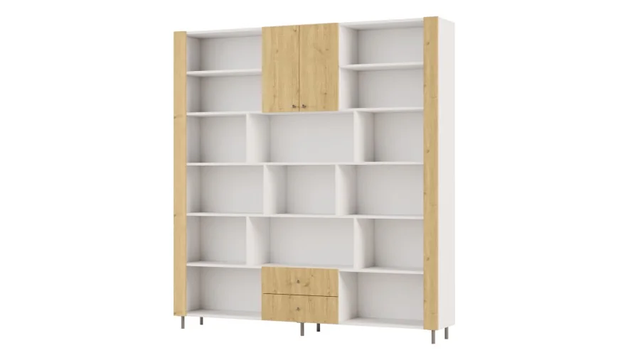 Regał na książki z szafką i szufladami 206x220 cm Biel / Dąb Carpenter Jasny – NOVA