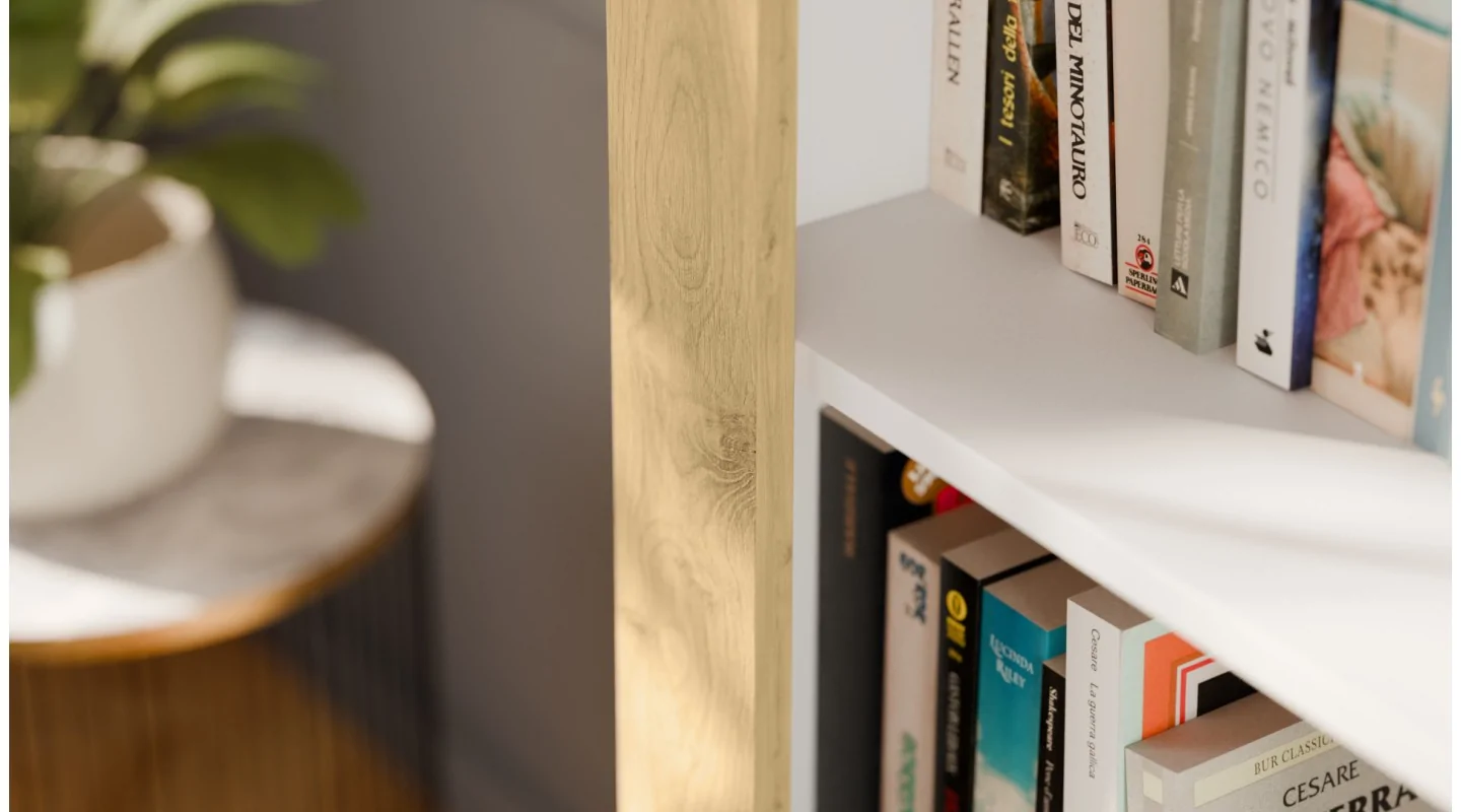 Regał na książki z szafką i szufladami 206x220 cm Biel / Dąb Carpenter Jasny – NOVA