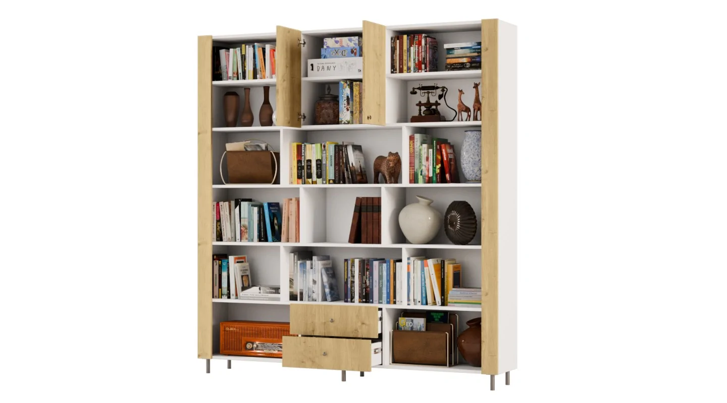 Regał na książki z szafką i szufladami 206x220 cm Biel / Dąb Carpenter Jasny – NOVA
