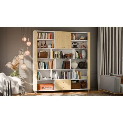 Regał na książki z szafką i szufladami 206x220 cm Biel / Dąb Carpenter Jasny – NOVA