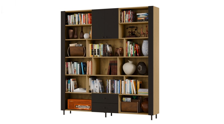 Kompaktowy regał na książki 206x220 cm Dąb Baltic Dune / Czarny Onyx – NOVA | eMeblast