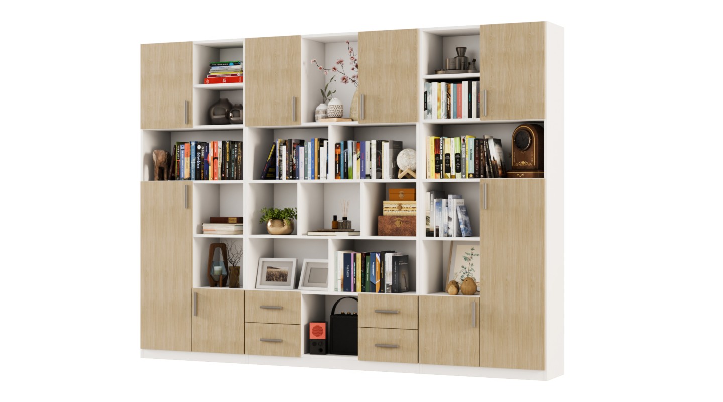 Szeroki regał na książki 280x209 cm Biel / Dąb Scandi – VISTA | eMeblast