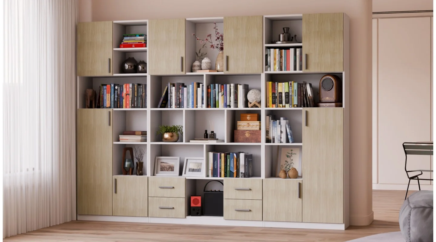Szeroki regał na książki 280x209 cm Biel / Dąb Scandi – VISTA | eMeblast