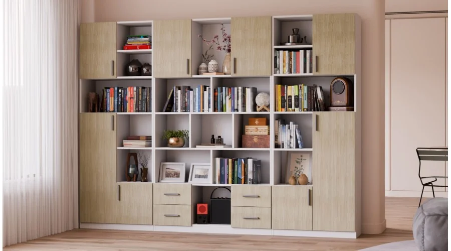 Szeroki regał na książki 280x209 cm Biel / Dąb Scandi – VISTA | eMeblast
