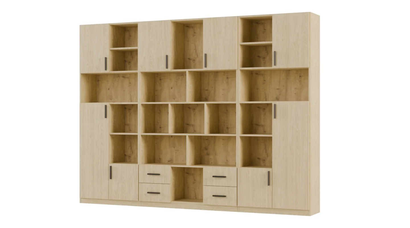 Szeroki regał na książki 280x209 cm Dąb Olejowany – VISTA | eMeblast Szeroki regał na książki 280x209 cm Dąb Olejowany – VISTA | eMeblast