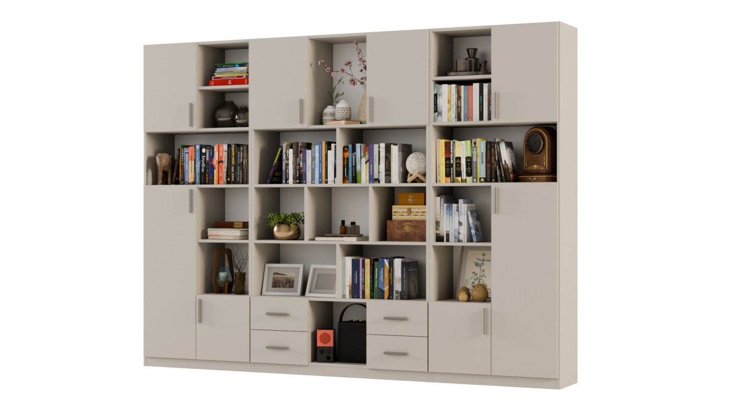 Szeroki regał na książki 280x209 cm Kaszmirowy Beż – VISTA | eMeblast Szeroki regał na książki 280x209 cm Kaszmirowy Beż – VISTA | eMeblast