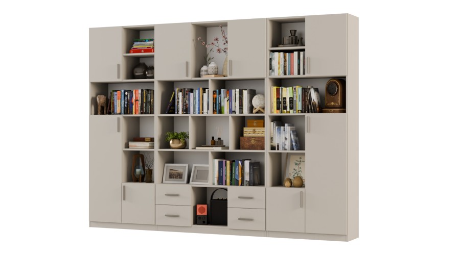 Szeroki regał na książki 280x209 cm Kaszmirowy Beż – VISTA | eMeblast Szeroki regał na książki 280x209 cm Kaszmirowy Beż – VISTA | eMeblast