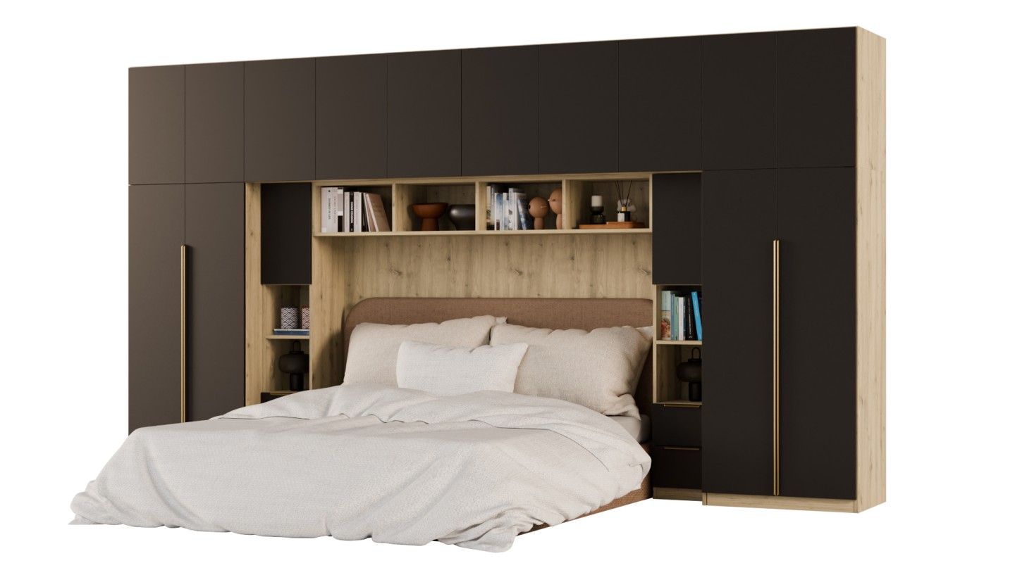 Zabudowa do sypialni 404x240 cm Dąb Artisan / Czarny Onyx – MAJA | eMeblast